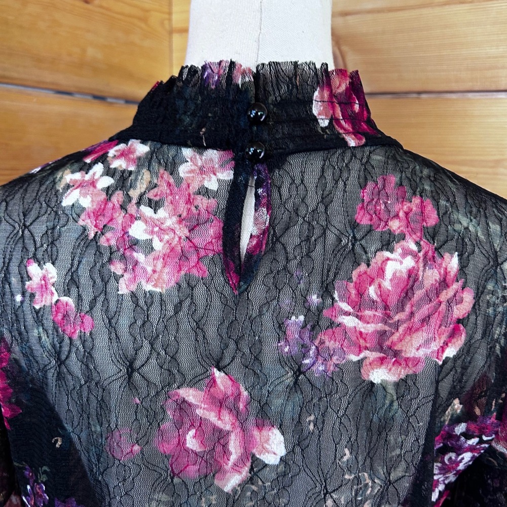 Floral Sheer Mesh Lace Blouse Large Black Mock Neck Smocked Whimsigoth Vamp Dark - Picture 7 of 8